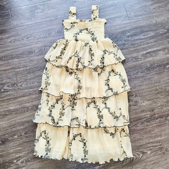 Ganni Pleated Georgette Flounce Smock Midi Dress in Floral Shadow Flan Sz 38 - Picture 7 of 15